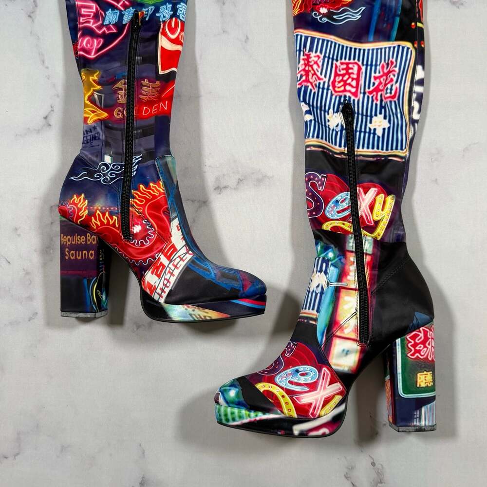 Dolls Kill Current Mood Midnight City Print Thigh High Platform Boots 8 - Picture 4 of 10